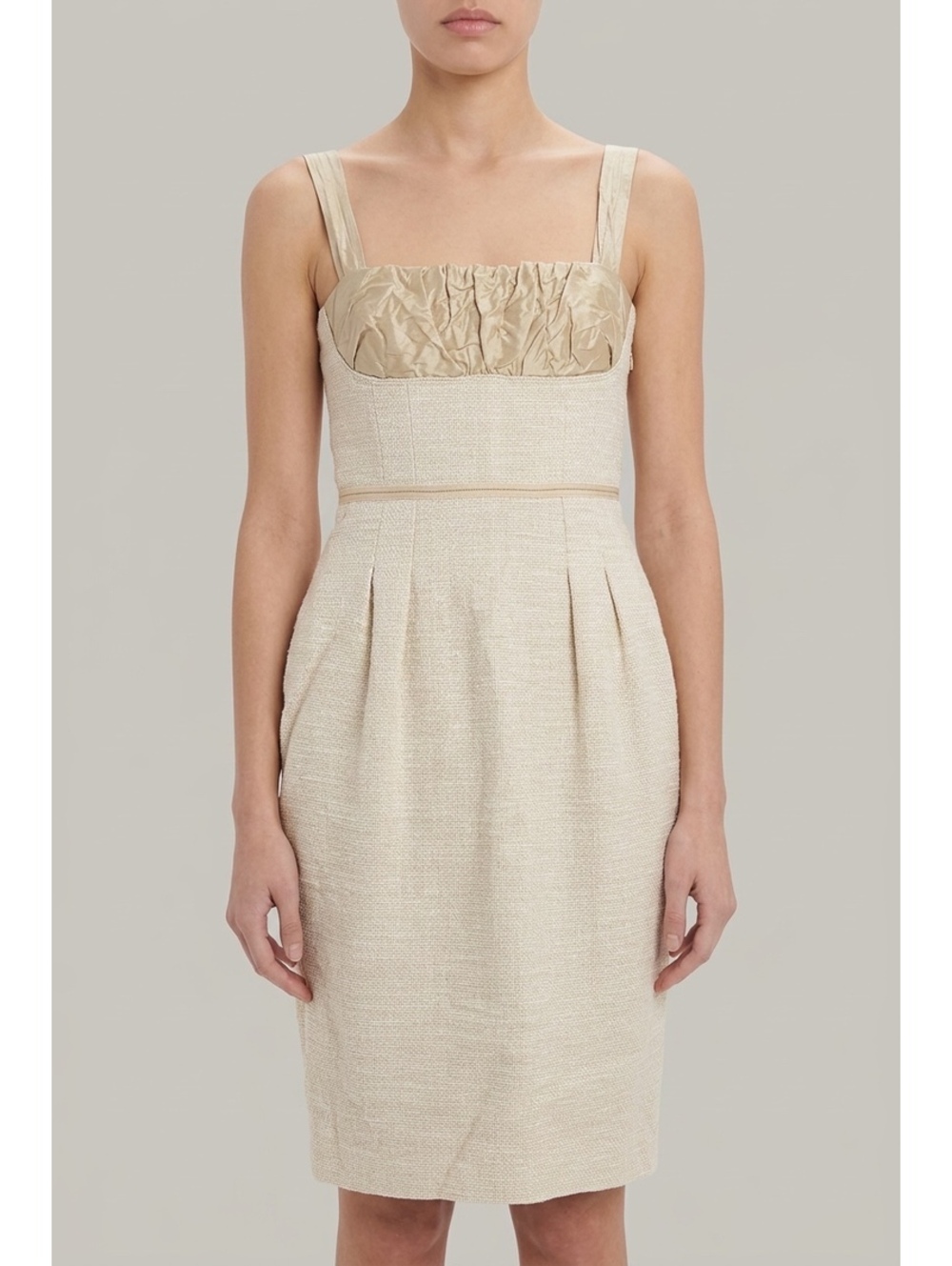 Lida Baday Cream Bouclé Sheath Dress Metallic Satin Bust Size 6 sleeveless EUC